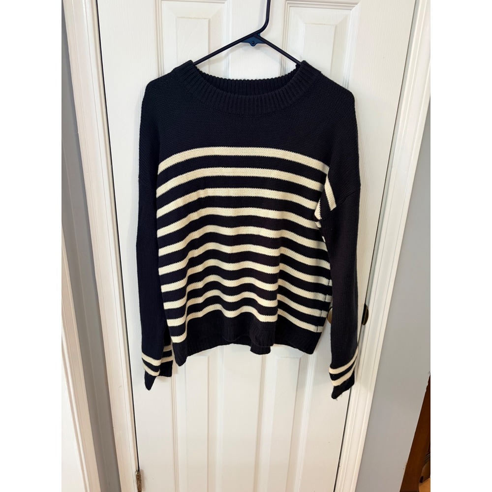 Hem & Thread Sweater Women L Navy Striped Oversized Sleeves Crew Neck 7113